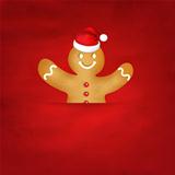 Gingerbread Man With Santa Hat And Old Red Background