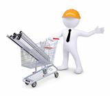 White human in a helmet standing beside carts with products made ??of metal