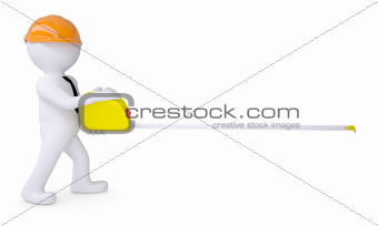 White human in a helmet holding a tape measure