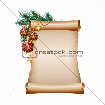 Old blank scroll paper with red christmas balls on green spruce branch.