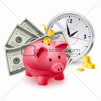 Pig moneybox and money