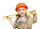 Happy Adorable Child Boy with Level, Hard Hat and Goggles Playing Handyman Isolated on a White Background.