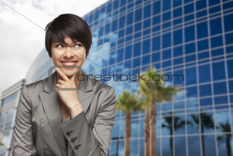 Attractive Mixed Race Young Adult in Front of Corporate Building.