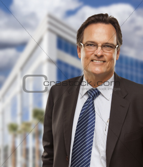 Handsome Businessman in Suit and Tie Smiling Outside of Corporate Building.