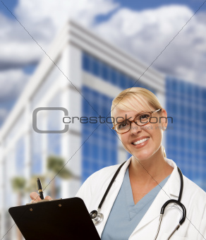 Attractive Friendly Female Blonde Doctor or Nurse in Front of Corporate Building.