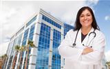 Attractive Hispanic Doctor or Nurse in Front of Corporate Building.