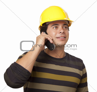Handsome Hispanic Hispanic Male Contractor Wearing Hard Hat on Cell Phone Isolated on a White Background.