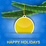 Holiday greetings card with Christmas tree and a bauble hanging