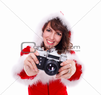 Pretty Mrs. Santa with retro camera