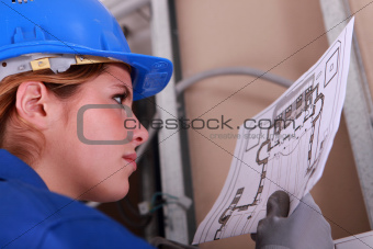 Female electrician reading diagram