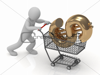 3D small man and shopping trolley