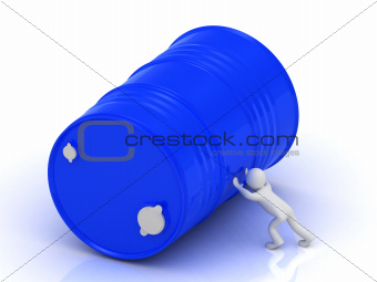 3D man pushing oil barrel