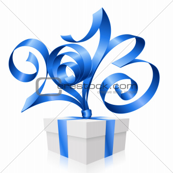 Vector blue ribbon in the shape of 2013 and gift box. Symbol of 