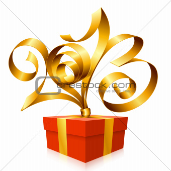 Vector gold ribbon in the shape of 2013 and gift box. Symbol of 