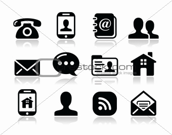 Contact black icons set - mobile, user, email, smartphone