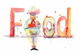Watercolor illustration of inscription food with chef 
