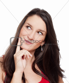 young woman with dark hair thinking, looking - isolated on white