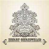 Vector Vintage Christmas Greeting Card with Fir Tree