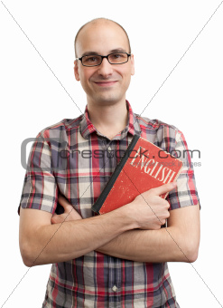 man with old book of English language