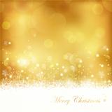 Golden glowing Christmas background with stars, snowflakes and lights