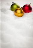 Beautiful Various Colored Christmas Ornaments on Snow Flakes Room For Your Own Text.