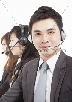 smiling  businessman with call center agent