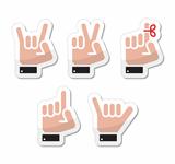 Hand vector gestures, signals and signs - victory, rock, point labels
