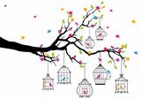 tree with birds and birdcages, vector 