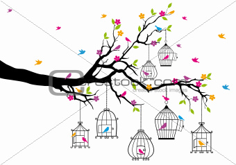 tree with birds and birdcages, vector 