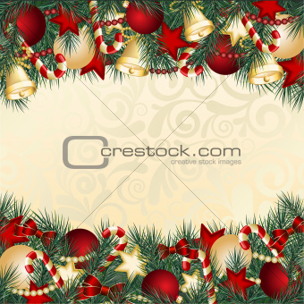 Christmas card with Christmas tree branches and balls.