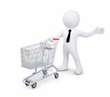 White human standing near a supermarket trolleys. Indicates a hand to the side