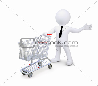 White human standing near a supermarket trolleys. Indicates a hand to the side