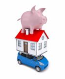 The composition of the car, the house and a pink piggy bank