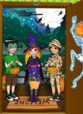 Three kids on the doorstep. Halloween tricks and treats tradition