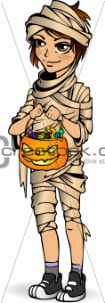 Halloween little boy mummy with candy