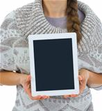 Closeup on tablet PC blank screen in woman hands