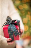 Woman Wearing A Sweater and Seasonal Red Mittens Against an Abstract Green and Golden Background Holding A Beautifully Wrapped Christmas Gift with Narrow Depth of Field.