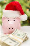 Pink Piggy Bank Wearing Santa Hat Near Stacks of Hundreds of Dollars of Money on Snowflakes.