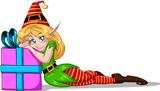 Elf Girl Leaning On Present For Christmas
