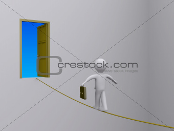 Businessman on tightrope trying to reach open door