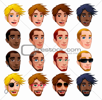 Male faces, vector isolated characters.