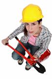 Woman with hard hat and bolt-cutters