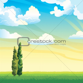 Summer landscape with clouds and cyoress