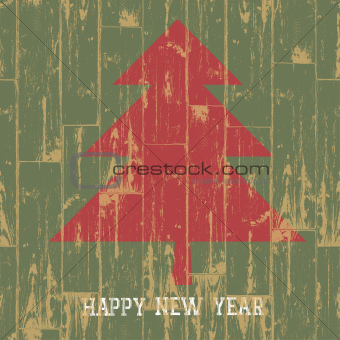 New year tree symbol with greetings on wooden planks texture. Ve