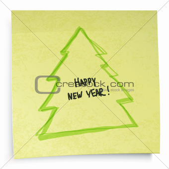 Yellow sticky notes with New Year tree. Vector illustration, EPS