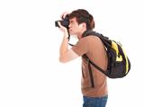 photographer with backpack  isolated on white background photogr