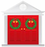 Christmas Wreath Hanging on Double Red Door Illustration
