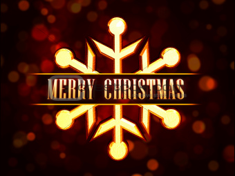 Merry Christmas in golden snowflake over red background with lig
