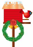Christmas Birdhouse with Cardinal and Wreath Illustration