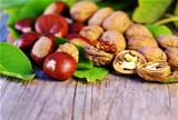  chestnuts and walnuts on wooden table